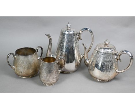 A Victorian silver four-piece tea/coffee service with engraved decoration, ivory insulators, Henry Holland, London 1879, 69oz