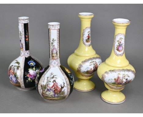 A pair of early 20th century Meissen yellow-ground baluster vases, the reserves painted with sprays of flowers and courting c
