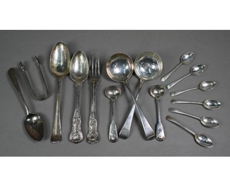 A pair of George III Old English pattern silver sauce ladles, Eley, Fearn &amp; Chawner, London 1809, to/w various other Geor
