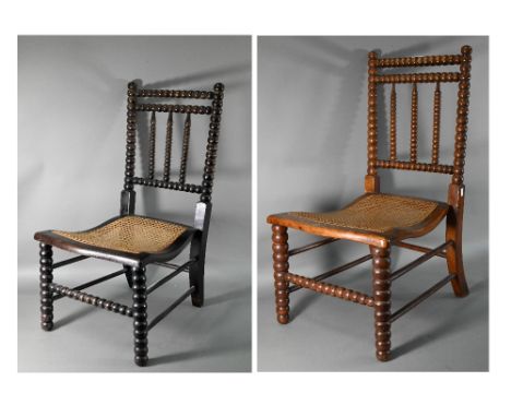 Two Arts &amp; Crafts period part bobbin turned chairs, with caned seats, light brown: 79.5 cm high (seat height 33 cm), back