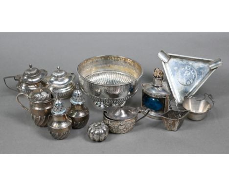 A Victorian silver half-reeded sugar basin with engraved decoration, Dobson &amp; Sons, London 1883 and six various condiment