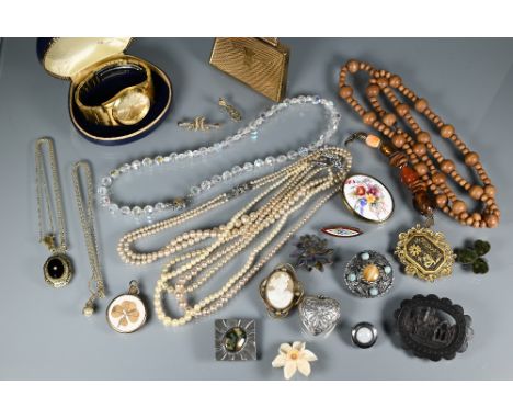 Mixed jewellery including two cased double rows of pearls, gilt metal Seiko watch, compact, 'M' bar brooch, enamel ellipitcal