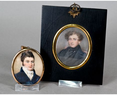 An early 19th century miniature portrait on ivory of a young gentleman with fashionable'windswept' hair, in blue coat, (Ivory