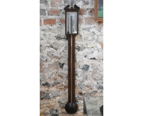 Pozzi &amp; Co, a Georgian boxwood inlaid walnut stick barometer, the engraved silvered register plate with mercury tube, 100