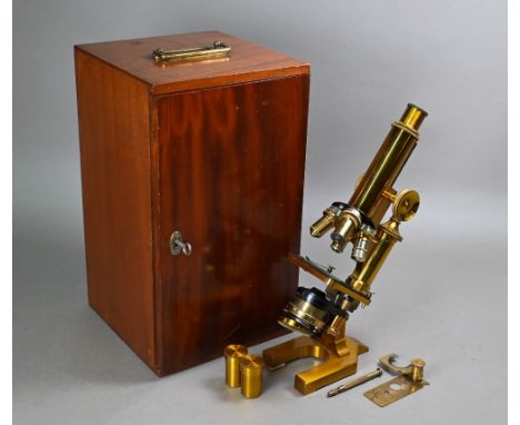 A vintage lacquered brass compound microscope by R &amp; J Beck Ltd (London) no. 25007, in teak case with W Watson specimen p