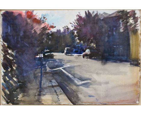 Howard Morgan (1949-2020) - Road with parked cars, watercolour, signed lower right, 39.5 x 58 cm