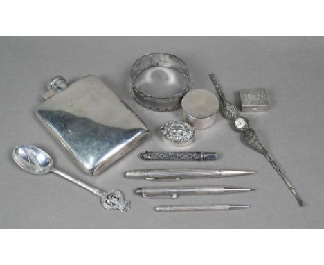 Various oddments of silver, including hip flask, Birmingham 1929, Cunard 'Mauritania' souvenir teaspoon, four silver/Sterling