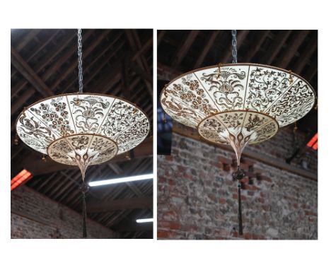 A good pair of Fortuny Scheherazade two-tier printed silk pendant light shades, mounted with Murano glass beads, with fine en