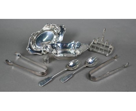 An Edwardian pair of silver bonbon dishes,&nbsp;Birmingham 1908, a small toast rack, Sheffield 1903 and a modern silver cylin