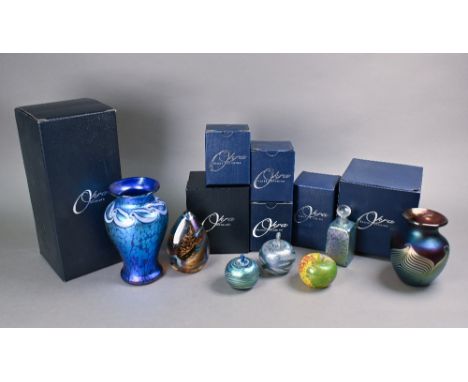 An Okra iridescent studio glass vase by Sarah Cowan, 17 cm high, to/w a smaller vase, a scent flask, paperweight by J Grainge