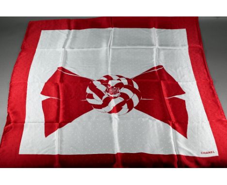 Chanel - A vintage crimson and cream silk scarf featuring camellia ribbon pattern, 85 x 85 cm