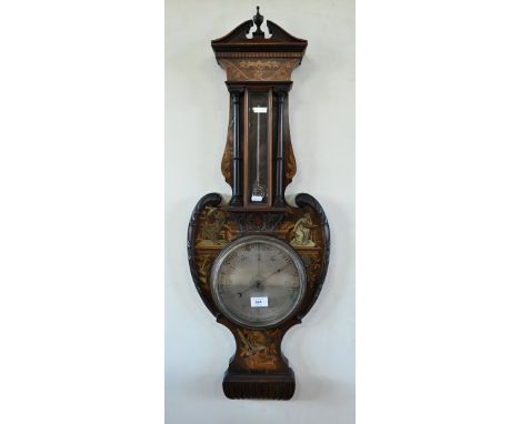 An Edwardian Sheraton revival style ivorine and boxwood inlaid aneroid barometer, decorated with classical scenes, engraved s