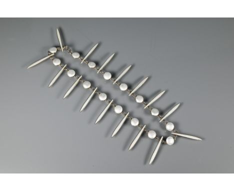 David Andersen - A Norwegian silver-gilt and white enamel fringe necklace formed of alternate roundels and batons, stamped D-