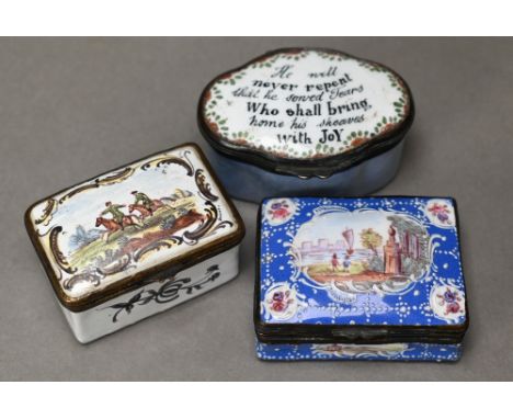 Three Georgian enamel snuff boxes - landscape-painted reserves on a blue ground with floral spandrels, 5 x 4 cm; another box 