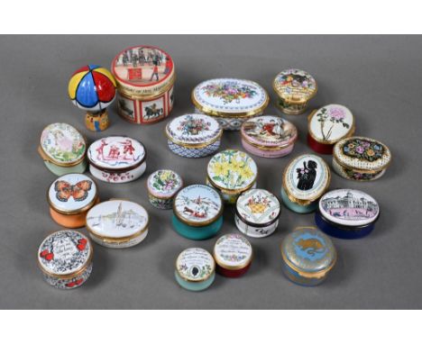 Twenty one various Halcyon Days and other enamel boxes, to/w a Limoges 'Balloon' box, a collection of perspex stands and two 
