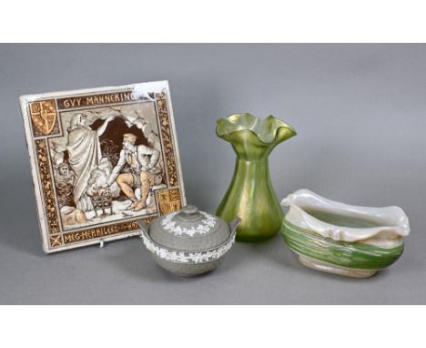 A Loetz-style iridescent glass vase with curling rim, 16 cm high, to/w an iridescent studio glass posy-trough; lot also inclu