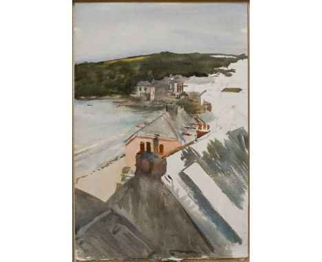 Howard Morgan (1949-2020) - A Welsh coastal view above rooftops, watercolour sketch, unsigned, 58 x 38.5 cm
