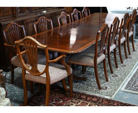 Brights of Nettlebed, a Victorian style cross-banded bright mahogany twin pedestal dining table, with two extension leaves, r