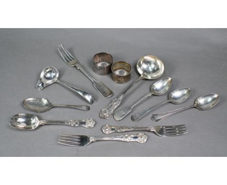 Various Victorian and later silver flatware &amp; two napkin rings, 12.2oz