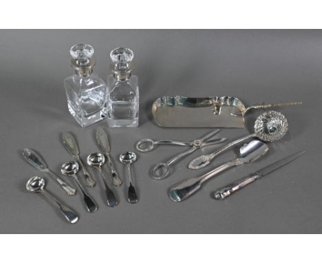 A pair of modern design square glass small decanters with silver collars, W I Broadway &amp; Co, Birmingham 1998, to/w variou