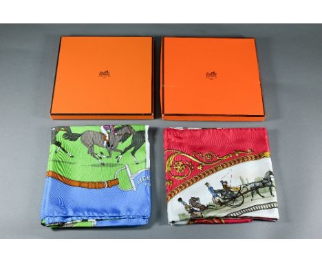Hermes - two boxed silk scarves with rolled edges, both of equestrian interest (2) Blue horses - good condition, no visible m