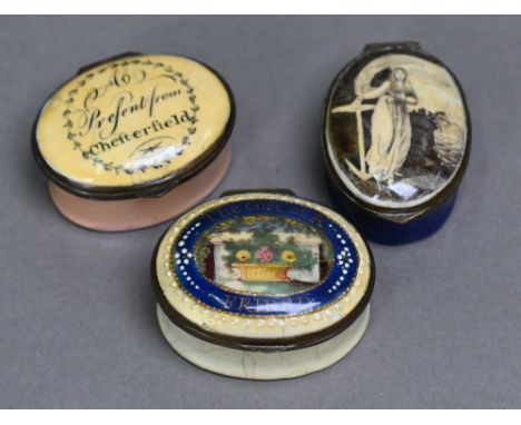 Three Georgian Bilston (probably) enamel patch-boxes with mirrored lids - 'The Gift of a Friend' and a basket of flowers on p