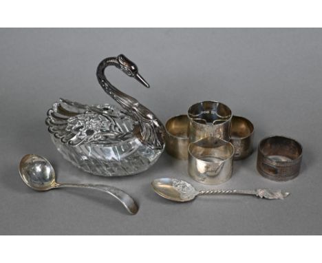 Five various silver napkin rings and two serving spoons, 8.8oz total, to/w a silver and cut glass 'swan' trinket bowl with hi
