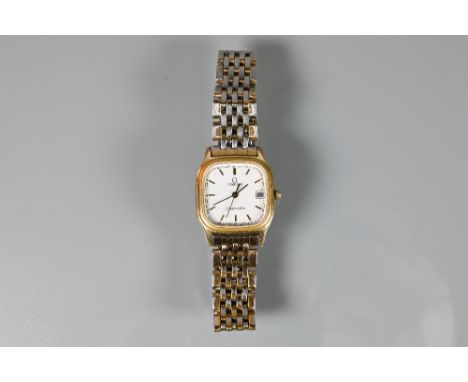 A ladies Omega Seamaster 1378 quartz wristwatch, the gold case with white dial and gilt baton markers, date aperture at 3 0'c