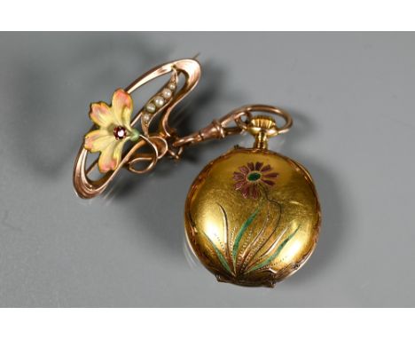 A Edwardian fob watch with enamelled flower to reverse, cream enamel dial with fancy hands and Arabic numerals, suspended fro