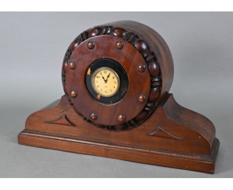 A WWI period airplane propeller boss, mounted with a Swiss 8-day strut clock movement as a mantel clock, circa 1918, 26 cm h 