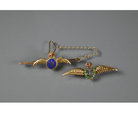 Two 9ct yellow gold RAF sweetheart brooches with polychrome enamel decoration, approx 6.8g all in (2)
