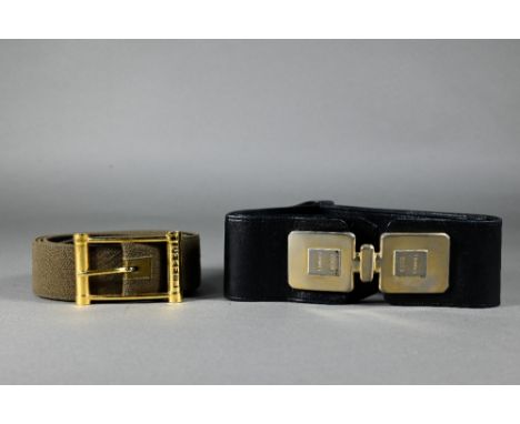 Chanel - a vintage black leather belt with gilt metal Coco Chanel perfume bottle fastener, to/w a Chanel fabric covered khaki