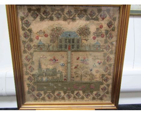 A William IV sampler depicting an estate house with flanked by gate houses, formal grounds, chapel and parkland, worked in co