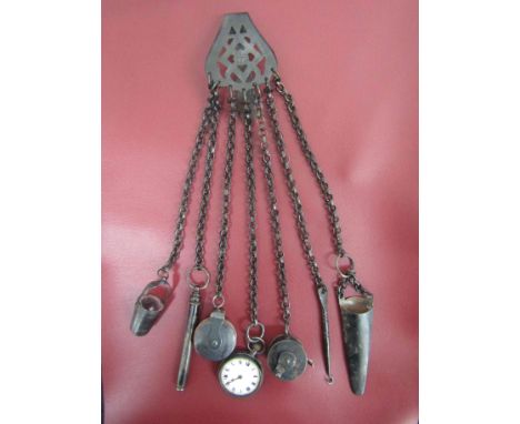 A 19th Century steel seven-strand chatelaine, hung with a needle case, a thimble bucket (empty), a pin chushion, a watch, a t
