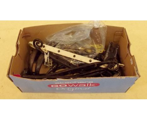 A box of iron architectural fittings, brass hooks etc