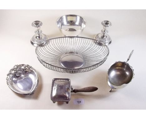 A quantity of silver plated items including a Gorham pedestal bowl, sauce boat, heart shaped trinket dish, wire basket, a cig