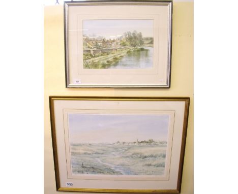 Lambert - watercolour houses by river, signed - 35 x 25cm, and a limited edition print 160/500 by Lambert 'Bosham West Sussex