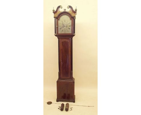 A 19th century eight day mahogany longcase clock with swan neck pediment and satinwood blind fretwork over brass dial engrave