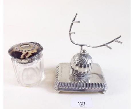 A silver plated quill stand with ink well - maker JDWD, engraved 'L.H 1865 - 1890' with a silver lidded dressing table jar
