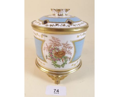 A Royal Worcester pot pourri painted exotic birds on a pale blue ground - a/f