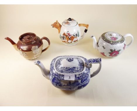 A Spode Italian teapot, a Burleighware floral teapot, a Doulton stoneware teapot and a fox hunting novelty teapot