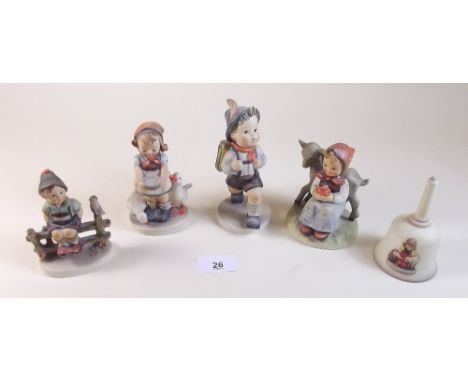 Four Hummel figures and a Hummel bell