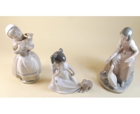 Three Nao figures including girl carrying lamb, girl with dog and lady with goose - 21cm