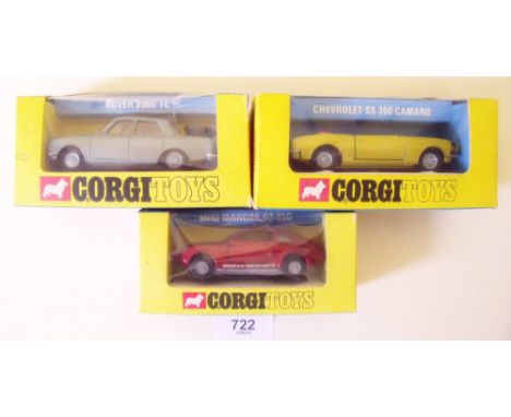 Three boxed Corgi Toys cars: a Chevrolet SS350 Camaro 338, a Mini Marcos GT 850 341, and a Rover 2000 TC 275