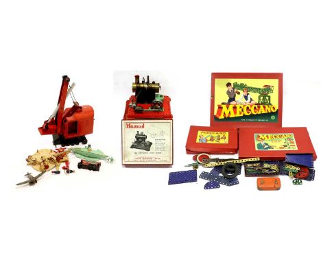 Sutcliffe Nautilus, Brimtoy 6-wheel bus (both G), Triang Excavator, Mamod SE2 Stationary engine (boxed) three Meccano sets an