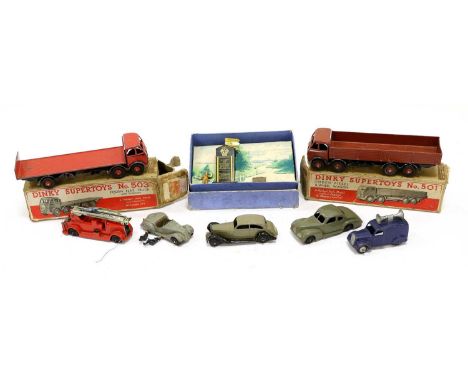 501 Wagon and 503 Flat with tailboard (both F boxes P) AA Set box with Hut and two broken figure (box F-G) and four early pos