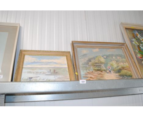 Audrey R. Vaulkhard, oil on board continental scene; and another depicting figures on Overy Marshes