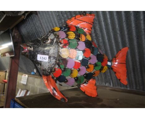A recycled tin model of a fish with hanging chain (131)