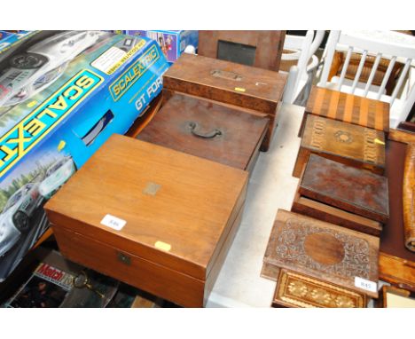 A pine miniature meat safe, a 19th Century tea caddy (Interior missing) and two other 19th Century boxes