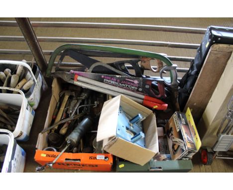 Two trays containing various tools to include Spear & Jackson Predator hand saw, various bow saws, a grease gun, hammer, safe